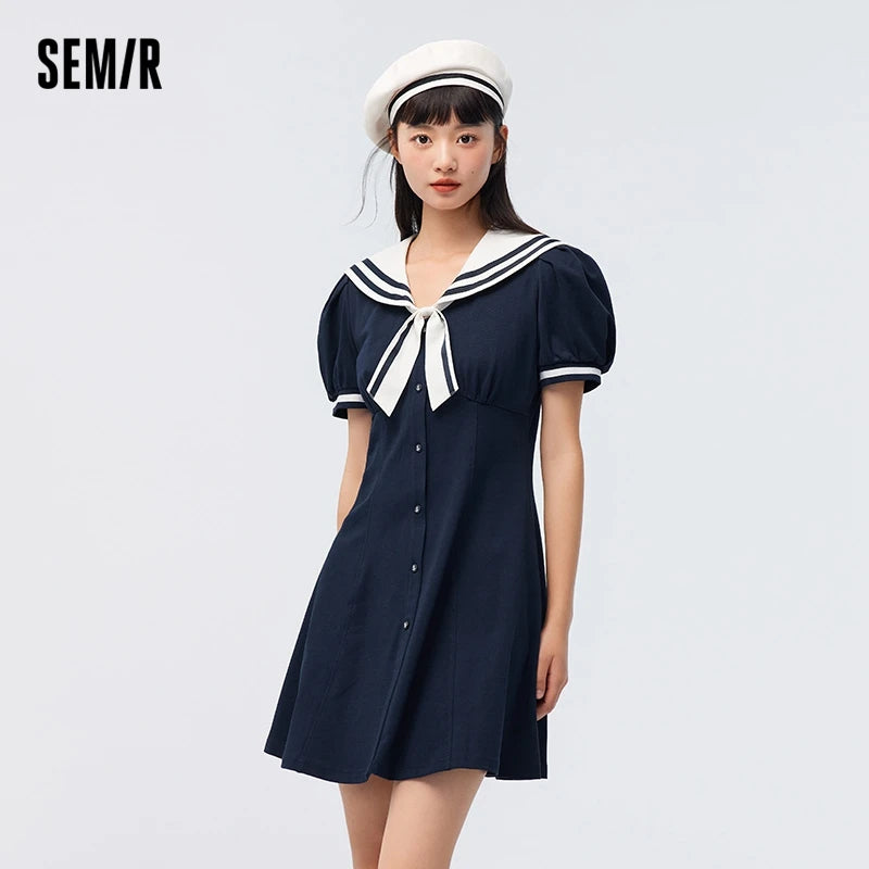 Vestido de verano para mujer, con mangas abullonadas, dulce, nuevo, con temperamento en contraste, cuello azul marino, vestido de primer amor, estilo academia.