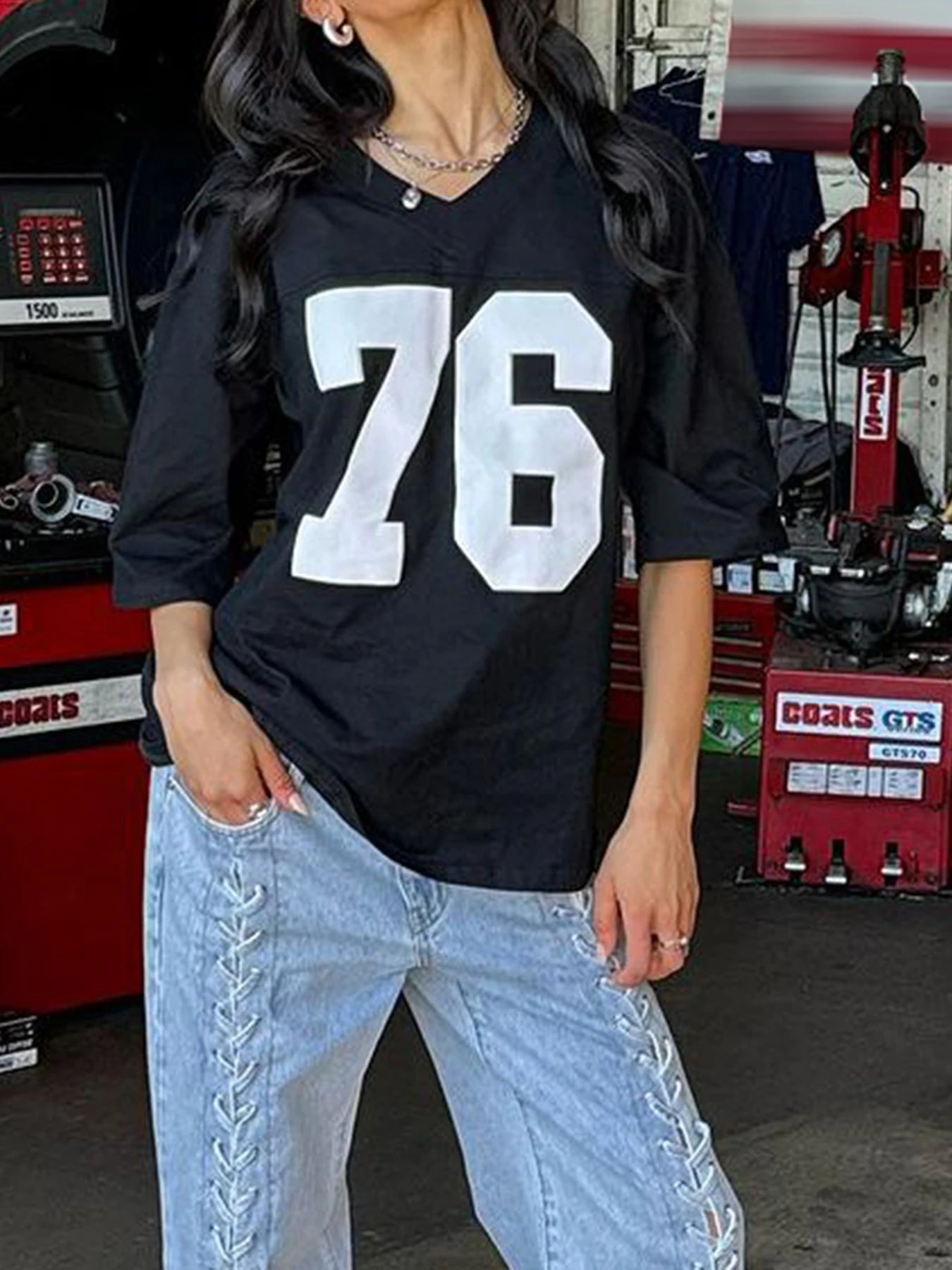 Camisetas blancas sueltas informales con estampado digital para mujer, cuello en V, manga corta, estilo preppy, ropa de calle, camisetas de verano, camiseta de fútbol