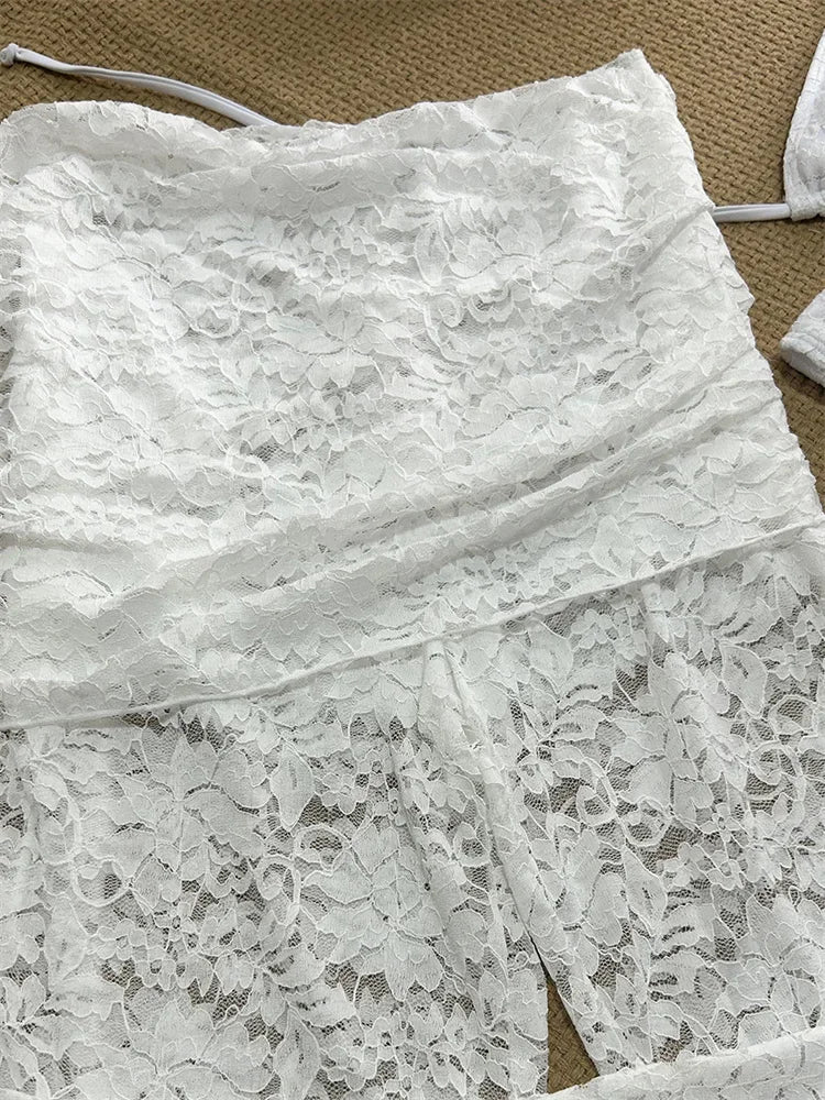 Conjunto de 3 piezas de verano para mujer, traje de baño sexy con escote en V, top transparente con espalda descubierta y pantalones estampados.
