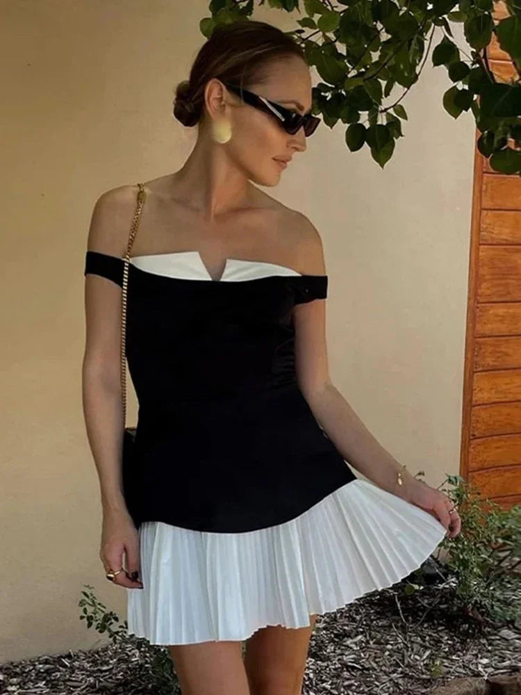 Vestido mini con pliegues de color en contraste para mujer, ajustado, con hombros descubiertos, sexy, escote pronunciado, elegante, sin mangas
