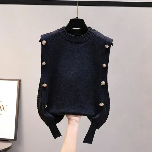 Chaleco de mujer, ropa exterior de primavera y otoño, suéter de moda informal, nuevo, top de punto sin mangas con cuello redondo para mujer
