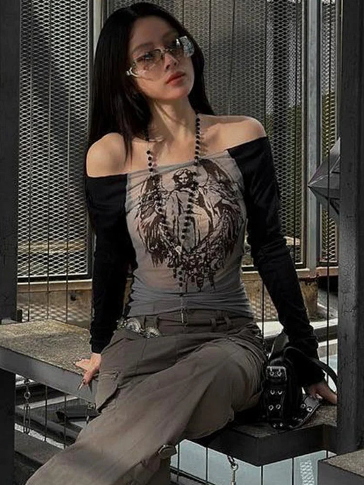 Fashion Knitted Mesh Character Print Graphic T Shirts Casual One-Piece Neckline Long Sleeve Women Clothes See-Through Y2k Top