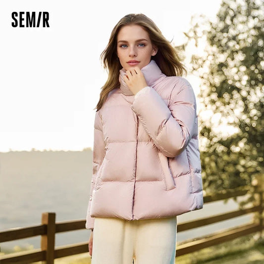 Chaqueta de plumón para mujer, de tres capas, color liso, cuello alto, holgada, sencilla, de invierno, nueva y versátil, cálida y de ganso.
