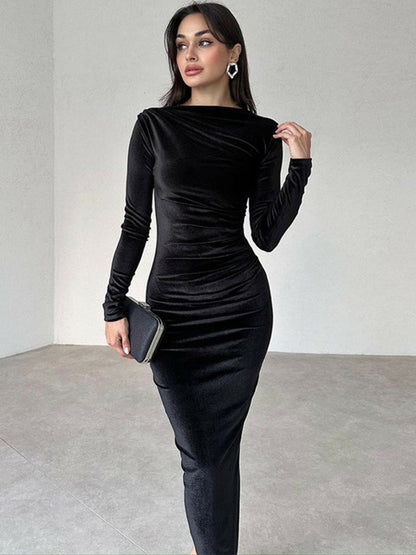 Elegante vestido maxi sexy de terciopelo de manga larga para mujer Otoño Invierno Nueva moda Cuello redondo Bodycon Club Fiesta Vestido largo