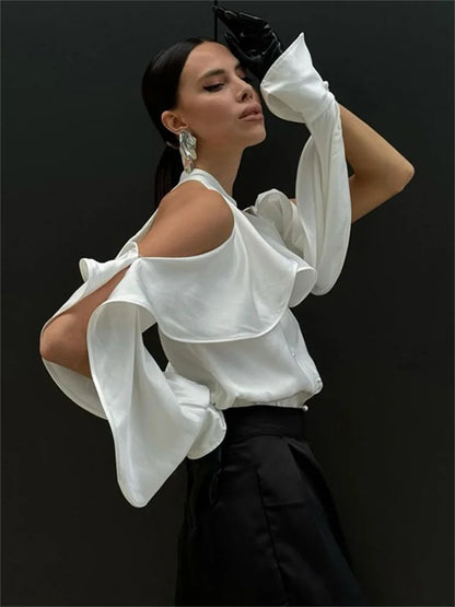 Blusa informal blanca con volantes para mujer, estilo patchwork, con hombros descubiertos, elegante, lisa, de cintura alta, estilo urbano, de verano