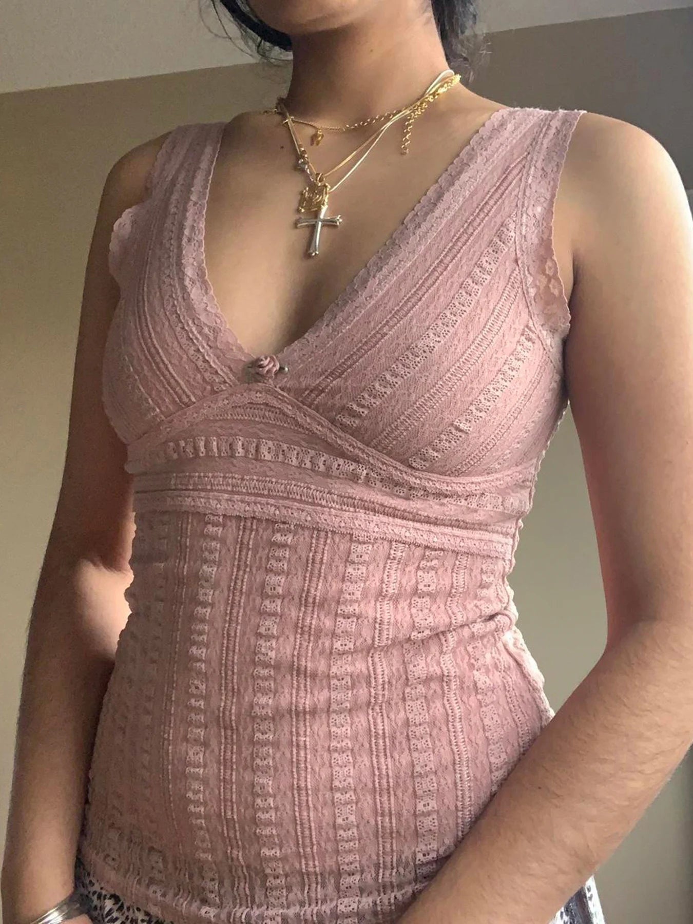 Top sin mangas con cuello en V, dulce y rosa, estilo Y2K, de encaje, estilo kawaii de los años 2000 para mujer