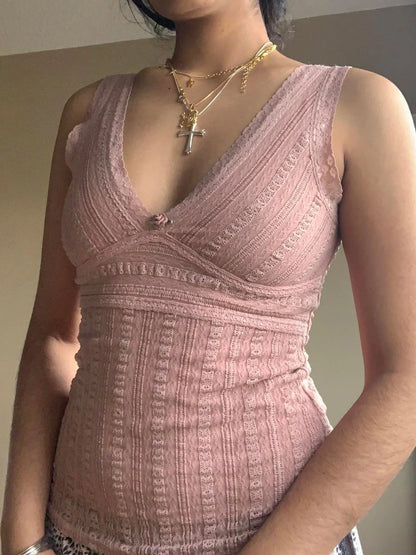 Top sin mangas con cuello en V, dulce y rosa, estilo Y2K, de encaje, estilo kawaii de los años 2000 para mujer