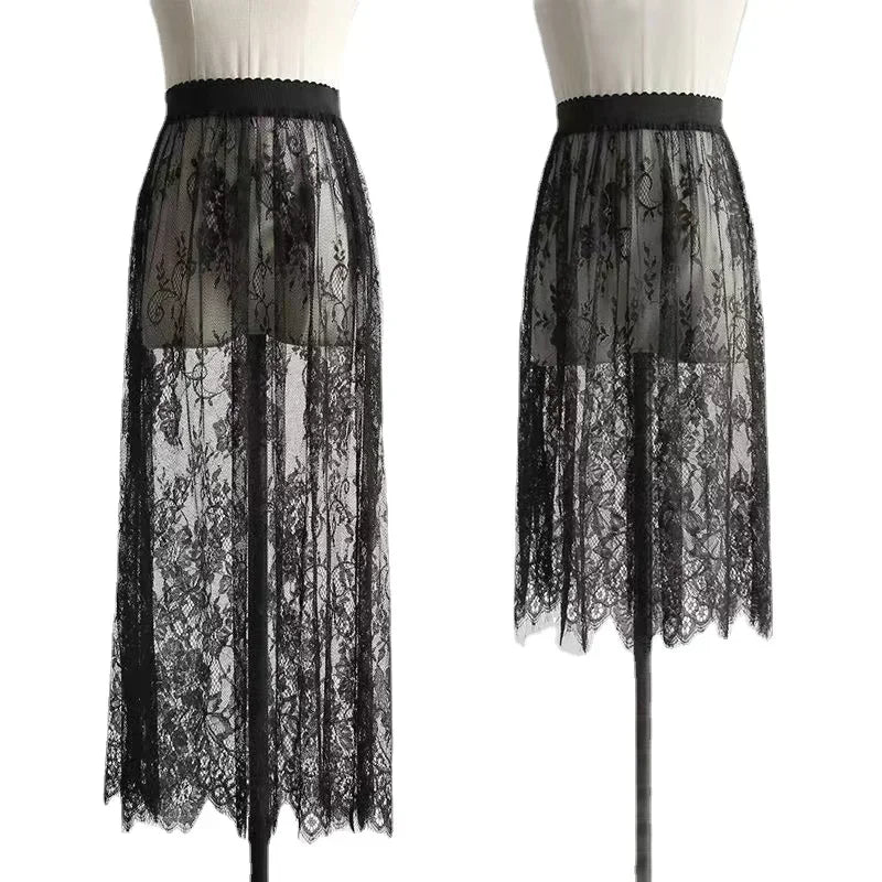 Extensor de camisa con dobladillo festoneado y capas de encaje floral para mujer, ajustable, con capas, parte superior, falda de corte A, minifalda inferior