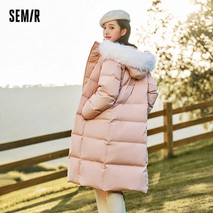 Chaqueta de plumón para mujer, larga, resistente al viento, holgada, de invierno, cálida, con cuello de piel y capucha.