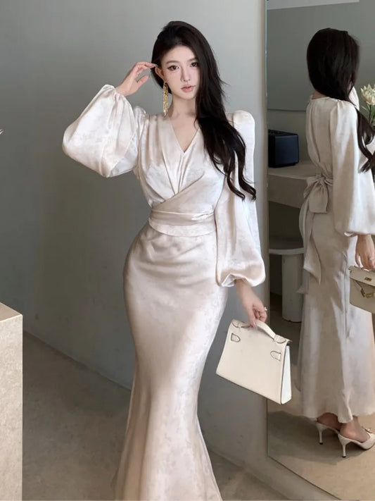 Elegante vestido midi ajustado con estampado para mujer, escote en V, manga farol, cintura estrecha, vestido de fiesta de noche de sirena, otoño, nuevos vestidos