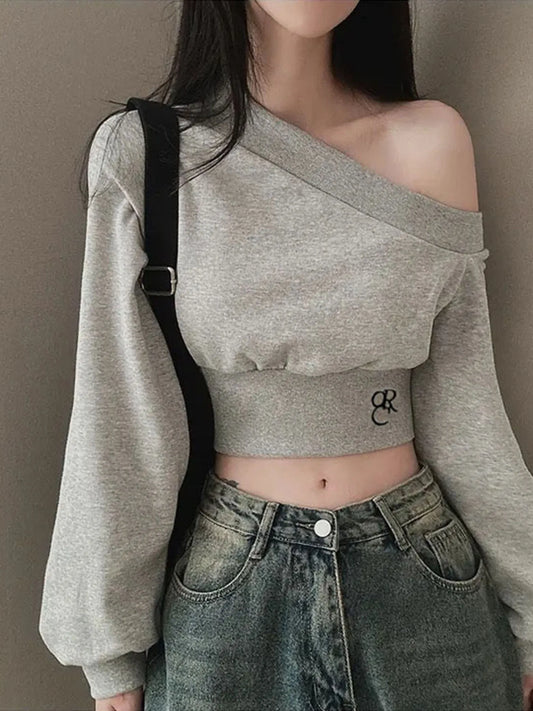 Camisetas de moda para mujer, blusas casuales de manga larga, cuello alto, lisas, cómodas y de un solo hombro.