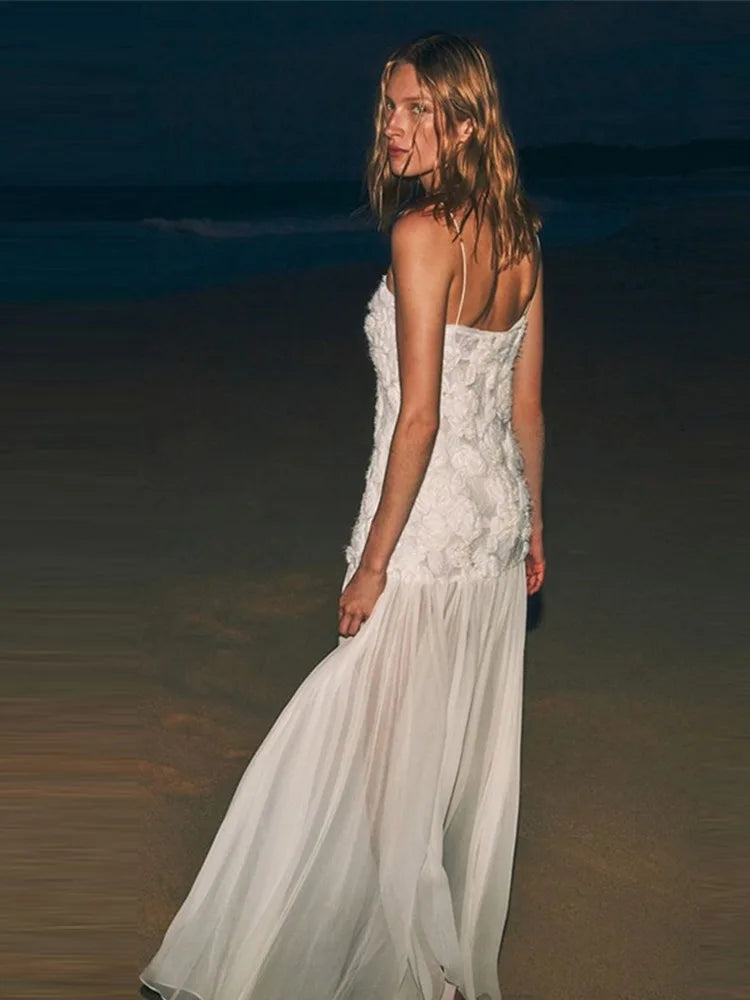 Elegante vestido largo con tirantes florales en 3D para mujer, estilo retro blanco, sin espalda, plisado, para noche, para mujer, elegante vestido de fiesta callejera de primavera.