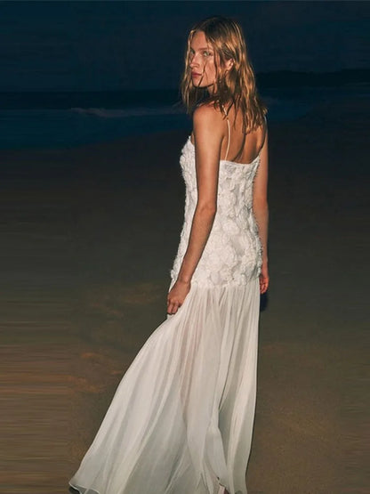 Elegante vestido largo con tirantes florales en 3D para mujer, estilo retro blanco, sin espalda, plisado, para noche, para mujer, elegante vestido de fiesta callejera de primavera.