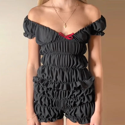Conjunto retro de 2 piezas de los años 2000, estilo cottage lounge, camiseta vintage fruncida con hombros descubiertos, top corto y pantalones cortos, pijamas kawaii, conjuntos Y2K para mujer