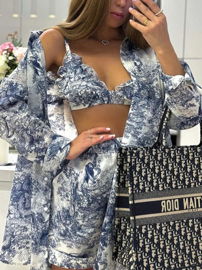 Retro Ink Shirt Three-piece Shorts Suit Women’s Summer Casual Long Sleeve Button Print Fashion Shirt with Shorts Suit