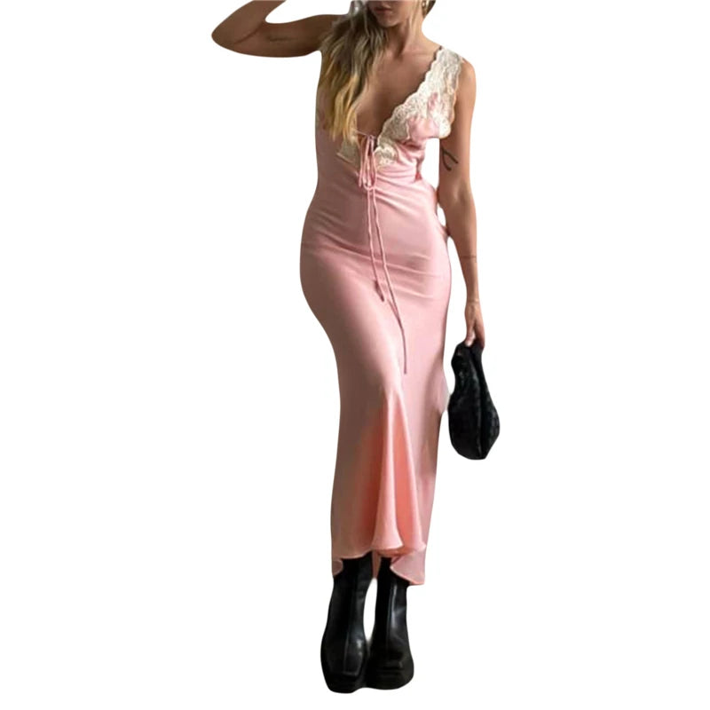 Vestido con ribete de encaje para mujer, estampado floral, escote en V, sin mangas, ajustado, sexy, sin espalda, para cóctel, ropa Y2K