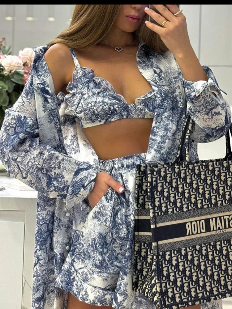 Retro Ink Shirt Three-piece Shorts Suit Women’s Summer Casual Long Sleeve Button Print Fashion Shirt with Shorts Suit