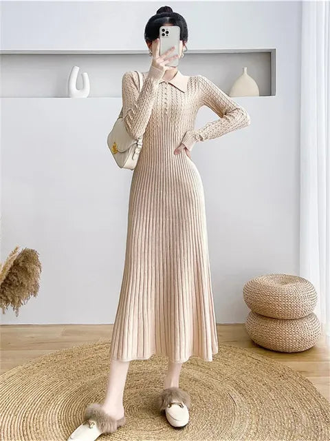 Ribbed Autumn Knit Long Dress For Women Fashion High Waist Elegant Solid Long Sleeve Dress Lapel Loose Knitwear Maxi Dress