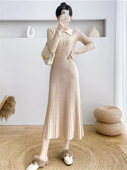 Ribbed Autumn Knit Long Dress For Women Fashion High Waist Elegant Solid Long Sleeve Dress Lapel Loose Knitwear Maxi Dress