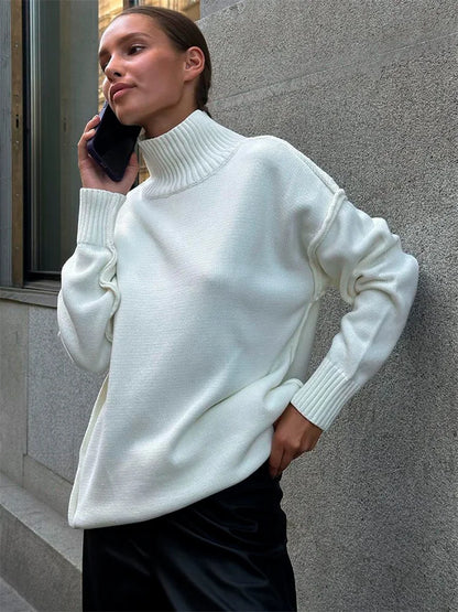 Suéter de cuello alto de punto de invierno para mujer, ropa holgada informal con retazos acanalados, suéter de manga larga de gran tamaño, prendas de punto para mujer