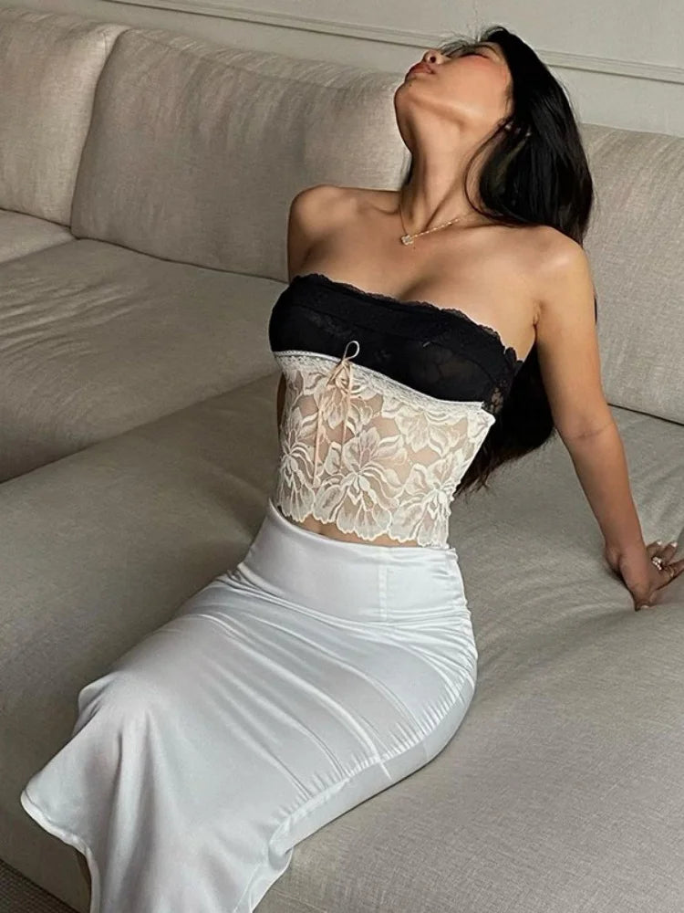 Top de moda Y2k con combinación de colores blanco y negro, con cordones y empalme de malla, ligeramente transparente, sin mangas, cruzado, para mujer