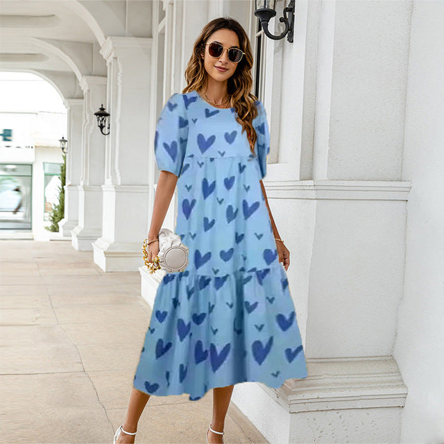Vestido estampado de verano 2025 para mujer, manga corta abullonada, volantes, holgado, corte A, midi, informal, para playa y vacaciones
