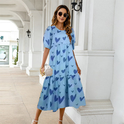 Vestido estampado de verano 2025 para mujer, manga corta abullonada, volantes, holgado, corte A, midi, informal, para playa y vacaciones