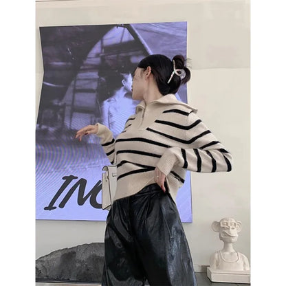 Women’s Striped Sweater Zip Thick Fall Loose Turtleneck Knit Jumper Turn-down Collar Casual Oversize Fashion Women Sweaters