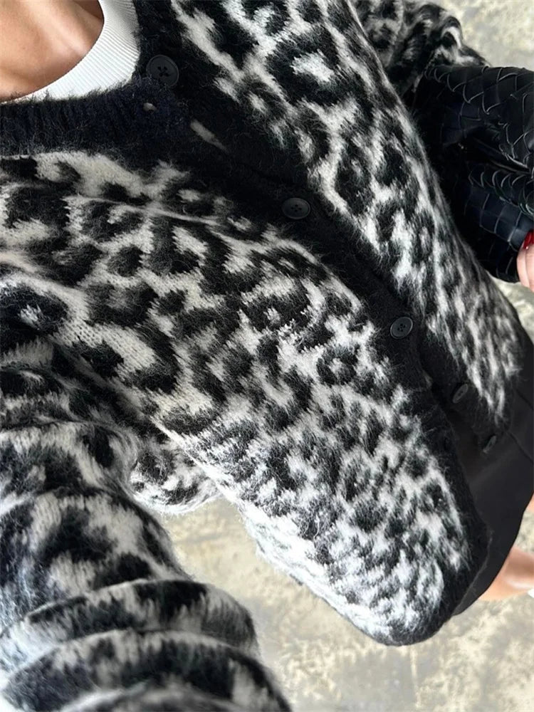 Suéter tipo cárdigan de leopardo para mujer, con estampado de moda en contraste, holgado, de manga larga, para ir al trabajo, cárdigan de otoño para mujer