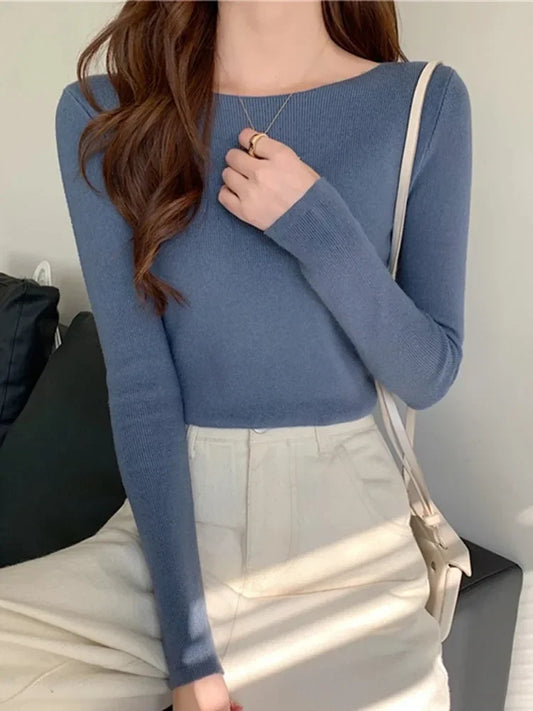 Suéter de punto acanalado para mujer, jerseys suaves, suéteres básicos, sólidos, suaves, de manga larga, tops de otoño e invierno.