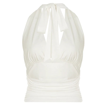 Tops sexys de estilo coreano para mujer, estilo halter, sin mangas, espalda descubierta, ajustados, con cordones y cuello en V, lisos.