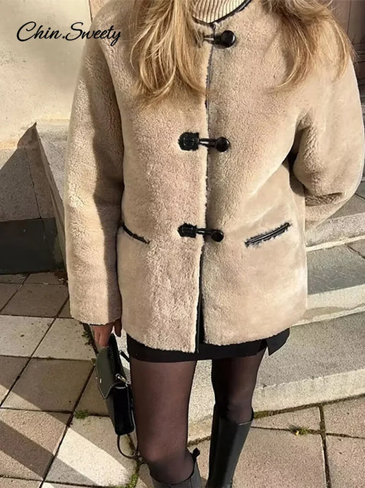 Chaqueta vintage de lana de cordero para mujer, abrigo holgado de forro polar con cuello redondo, bolsillos de un solo pecho, manga larga, prendas de vestir exteriores para otoño e invierno.