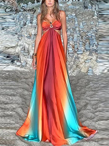 Vestido largo elegante con degradado para mujer, de satén, sin espalda, con corte en A, para playa, sexy, plisado, para vacaciones, verano 2025