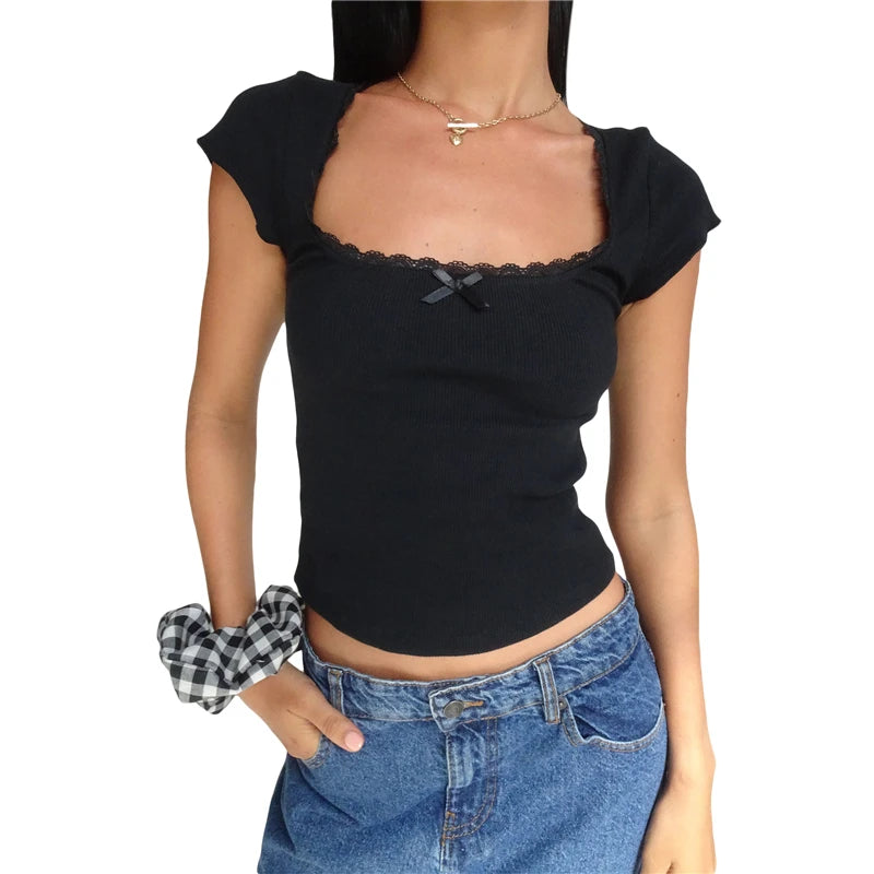 Baby Tees y2k Tank Top Women Casual Lace Trim Short Sleeve Square Neck T Shirt with Bow 2000s Clothing Streetwear