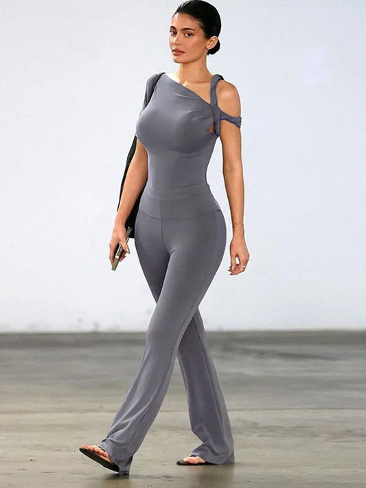 Traje de pantalón de moda con un hombro descubierto y espalda descubierta, de verano, de color liso, informal, ajustado y elegante, conjunto de 2 piezas para mujer