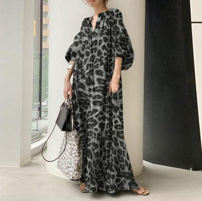 Vestidos largos con estampado de leopardo para mujer, moda de temperamento, cuello en V, mangas abullonadas, vestido suelto, estilo bohemio moderno, vestidos de primavera, nuevo