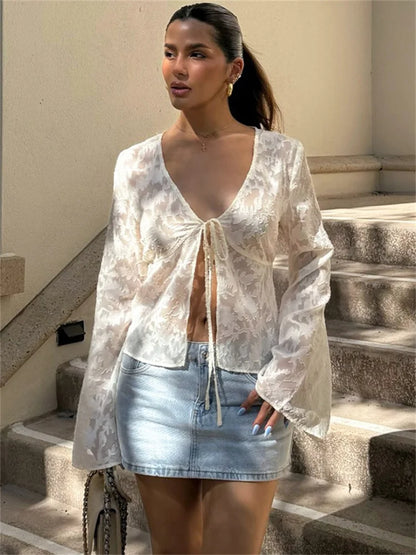 Lace Printed See-Through T-shirt Cardigan Top Female Lace-Up Patchwork Sexy Cropped Y2k Top Tee Women’s Bandage Top