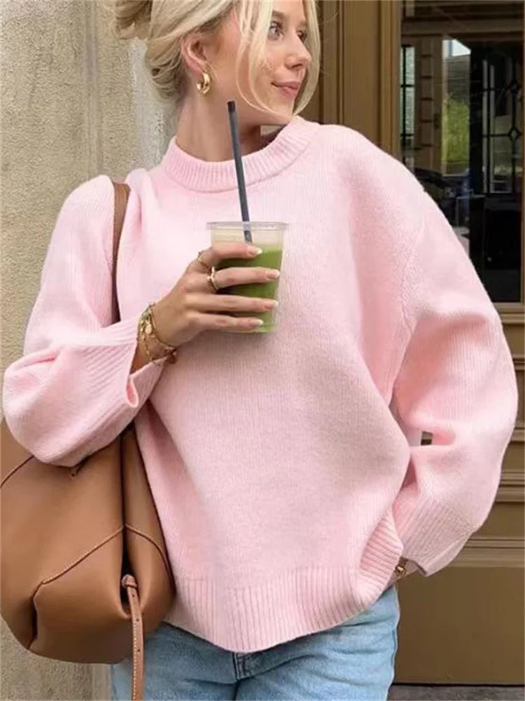 Suéter de punto rosa para mujer, jersey de manga larga, moda suelta, patchwork, lindo Y2k, top de punto elegante para mujer, nuevo
