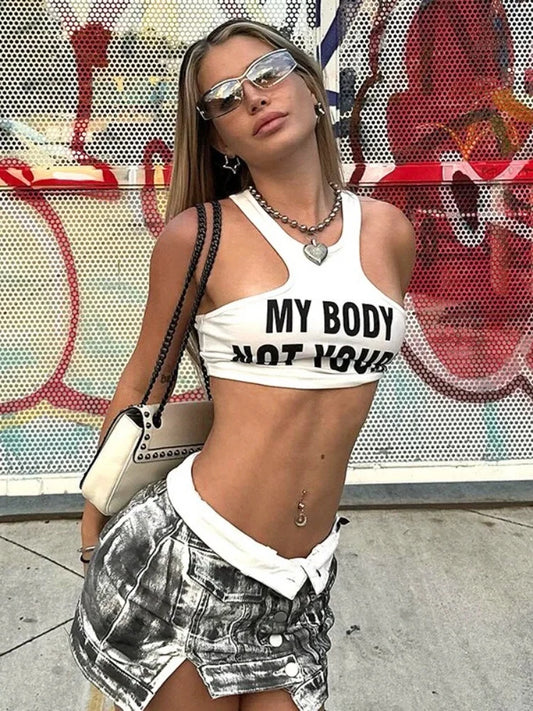 Camiseta sin mangas de cuello redondo con monograma Y2k para mujer, ropa informal ajustada con colores contrastantes, moda de verano