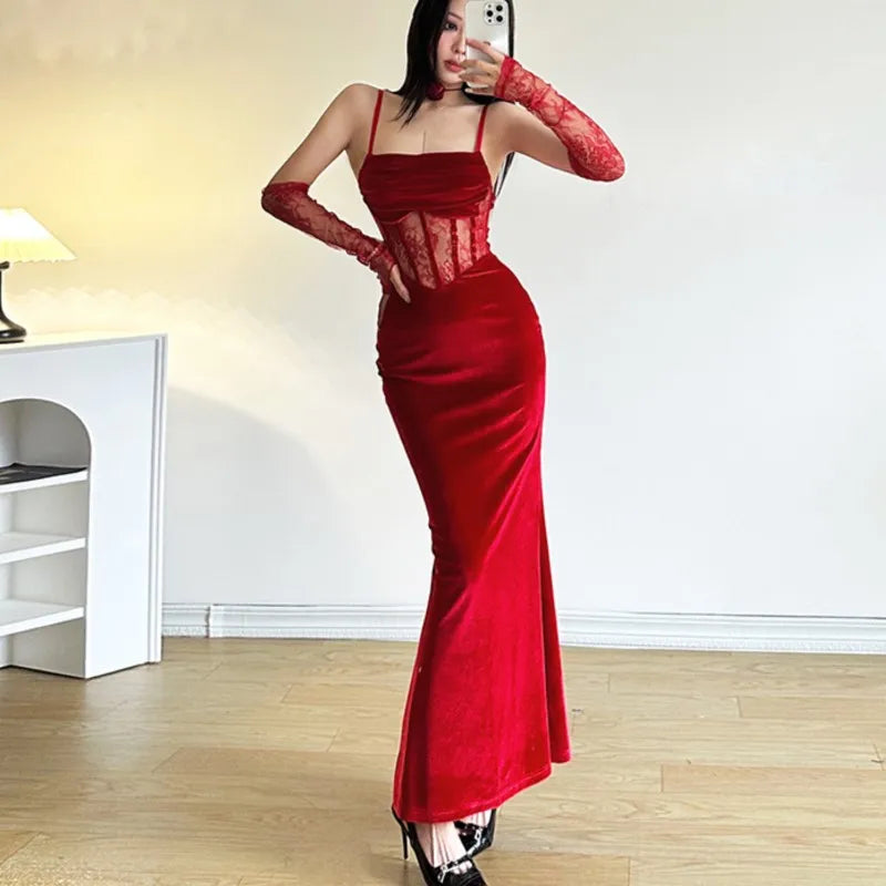 Vestidos sexis ajustados de terciopelo para mujer, corsé con tirantes finos y abertura en la cintura, vestido de fiesta de noche, bata de graduación, vestidos de Navidad