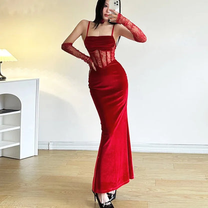 Vestidos sexis ajustados de terciopelo para mujer, corsé con tirantes finos y abertura en la cintura, vestido de fiesta de noche, bata de graduación, vestidos de Navidad