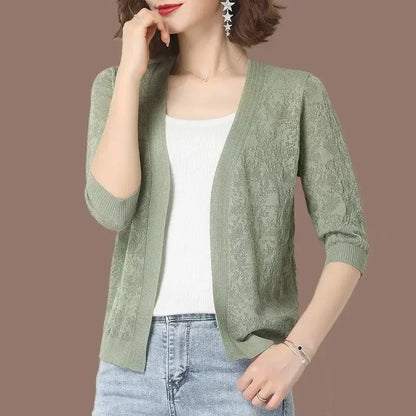 Fashion Thin Knitted Cardigan Summer Ice Silk Sun Protection Coat Women’s Short Knit Sweater Fashion Hollow Out Shawl Jacket