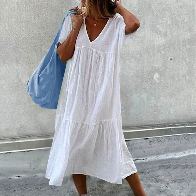 Vestidos midi de lino y algodón de color liso para mujer, moda informal, cuello en V, mangas cortas, sueltos, estilo sencillo, para ir al trabajo.