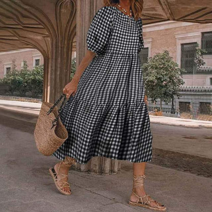 Vestido estampado de verano 2025 para mujer, manga corta abullonada, volantes, holgado, corte A, midi, informal, para playa y vacaciones