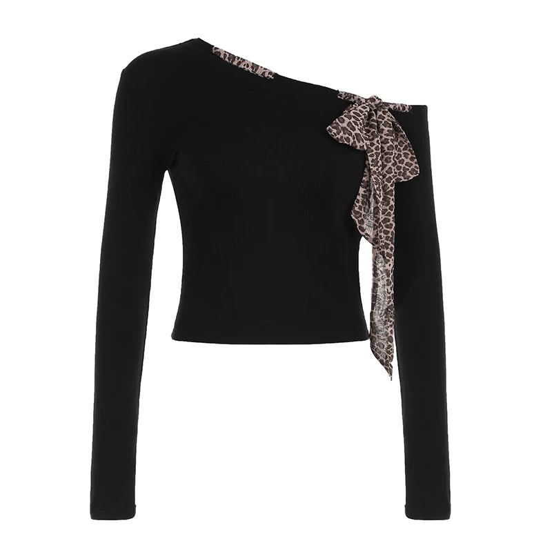 Blusa Y2k de manga larga ajustada con cuello oblicuo y estampado de leopardo con cordones para otoño