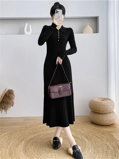 Ribbed Autumn Knit Long Dress For Women Fashion High Waist Elegant Solid Long Sleeve Dress Lapel Loose Knitwear Maxi Dress
