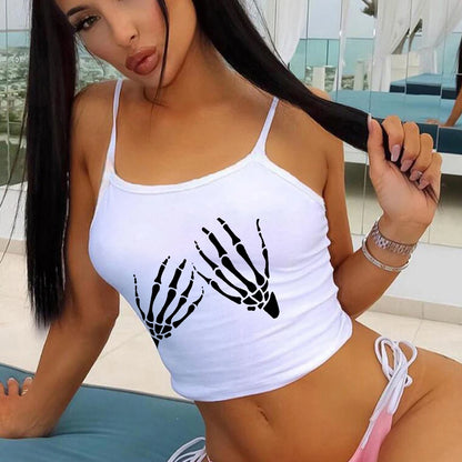 Camiseta de manga corta con estampado de calaveras para mujer, estilo Y2K, con tirantes en el interior, para calle de Europa y Estados Unidos