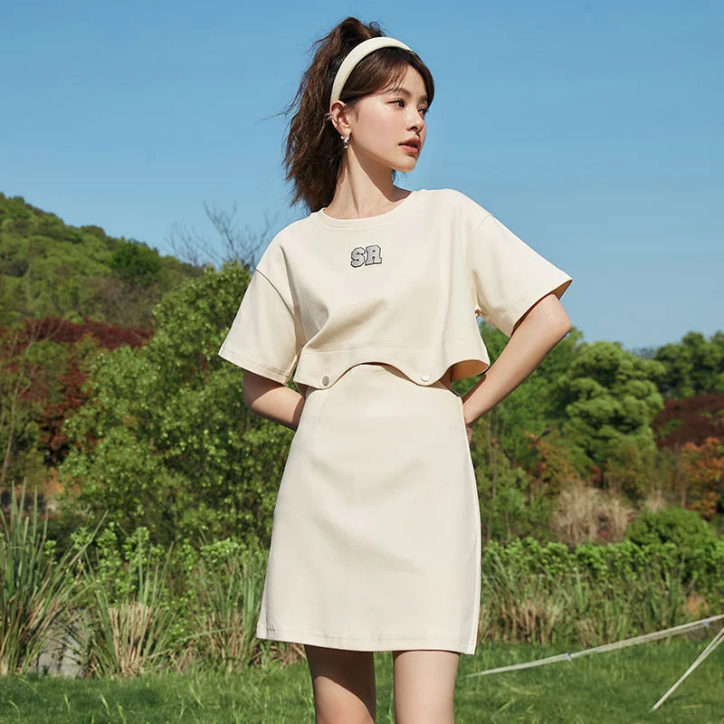 Dress Women Letter T-Shirt Solid Color  New Summer Short Suit Two-Piece Set