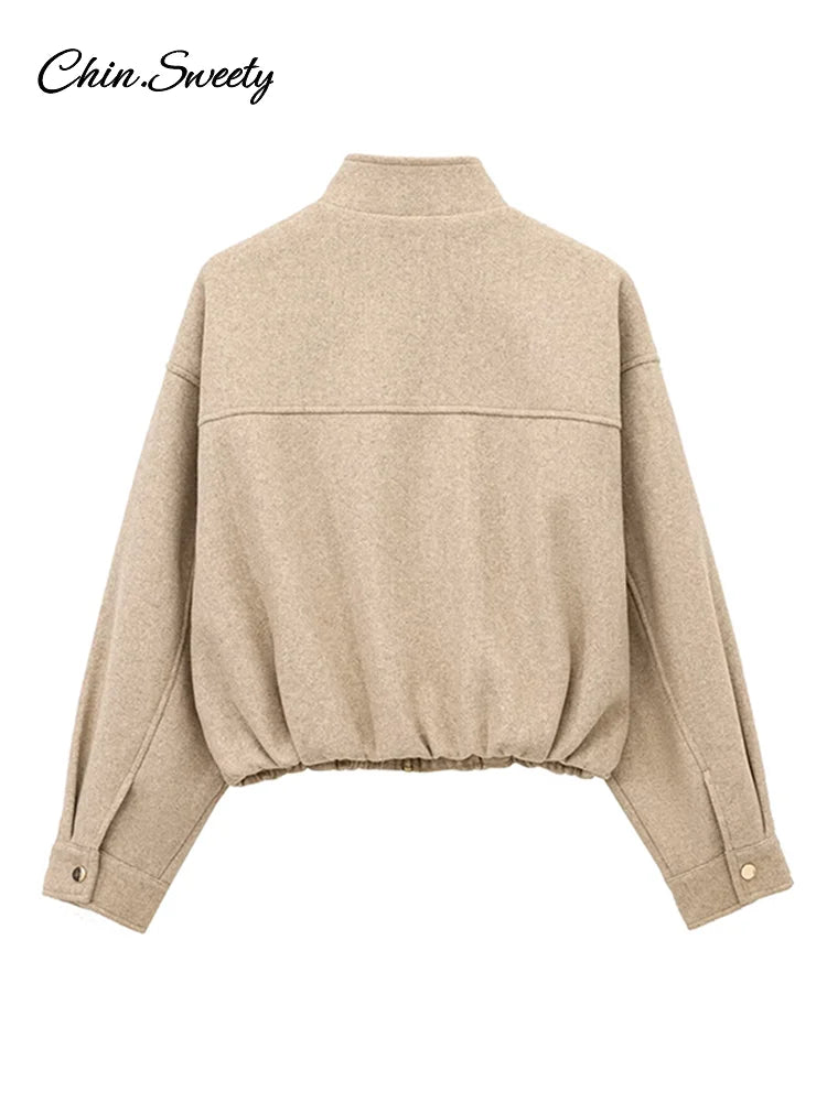 Vintage Women’s Khaki Bomber Jacket Stand Collar Zipper Pocket Long Sleeve Short Coats Female 2025 Spring Thick Warm Outwear New