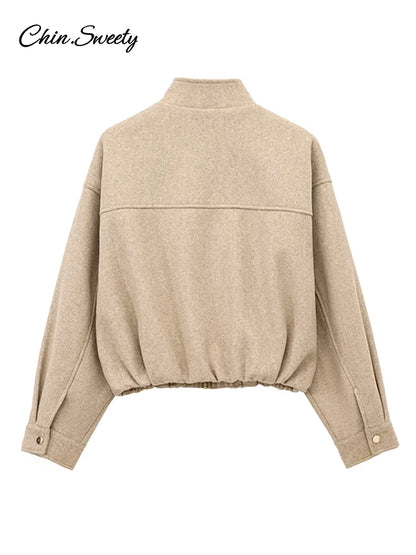 Vintage Women’s Khaki Bomber Jacket Stand Collar Zipper Pocket Long Sleeve Short Coats Female 2025 Spring Thick Warm Outwear New